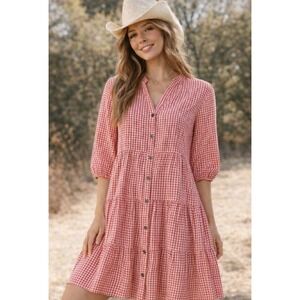 Red Gingham Babydoll Dress Cottagecore Prairie Tiered Button Front Festival*